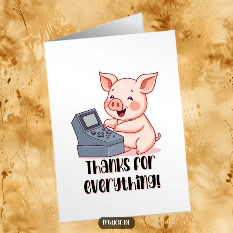 Funny Free Printable Thank You Card: Friendly pig enthusiastically pressing buttons on a console, expressing thanks.