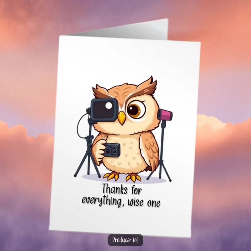 Funny Free Printable Thank You Card: A gleeful owl laughing while reviewing exciting studio footage on a screen.