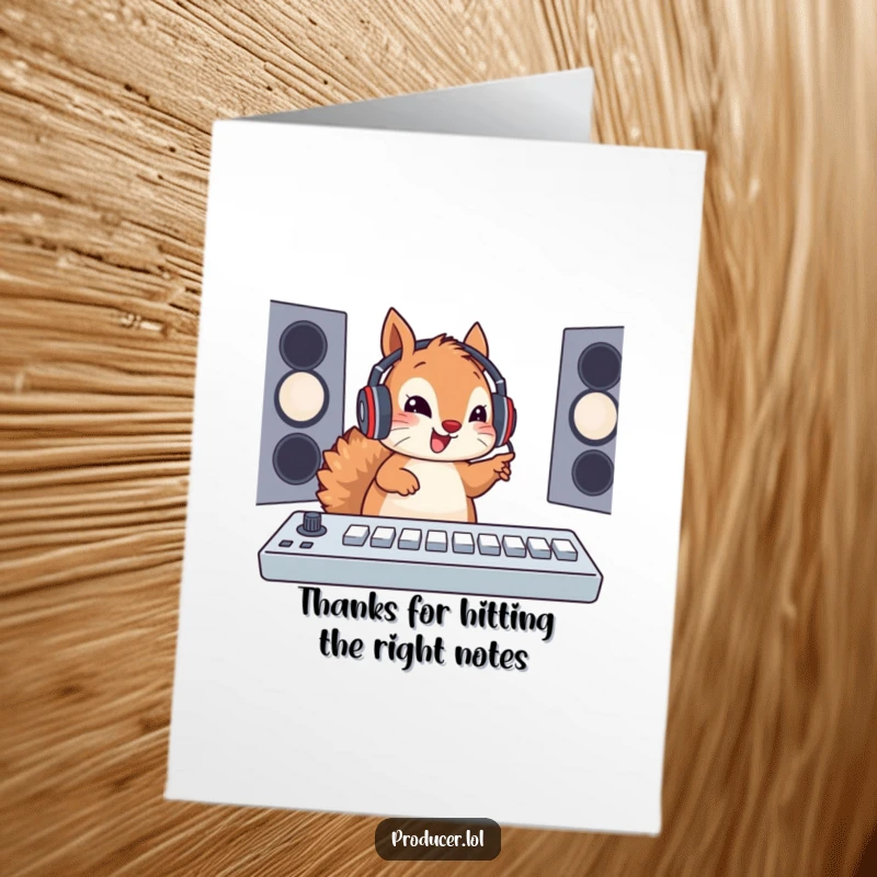 Funny Free Printable Thank You Card: Happy squirrel DJ with headset, sending thanks via soundboard.