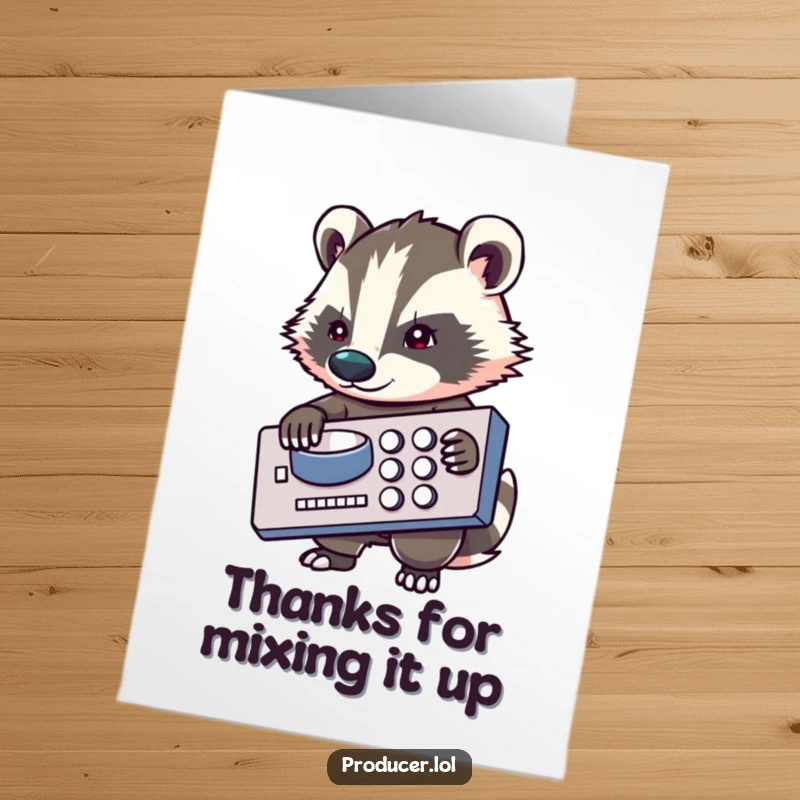 Funny Free Printable Badger Thank You Card: A focused badger DJ giving a thumbs up, holding a mixing board, expressing gratitude.