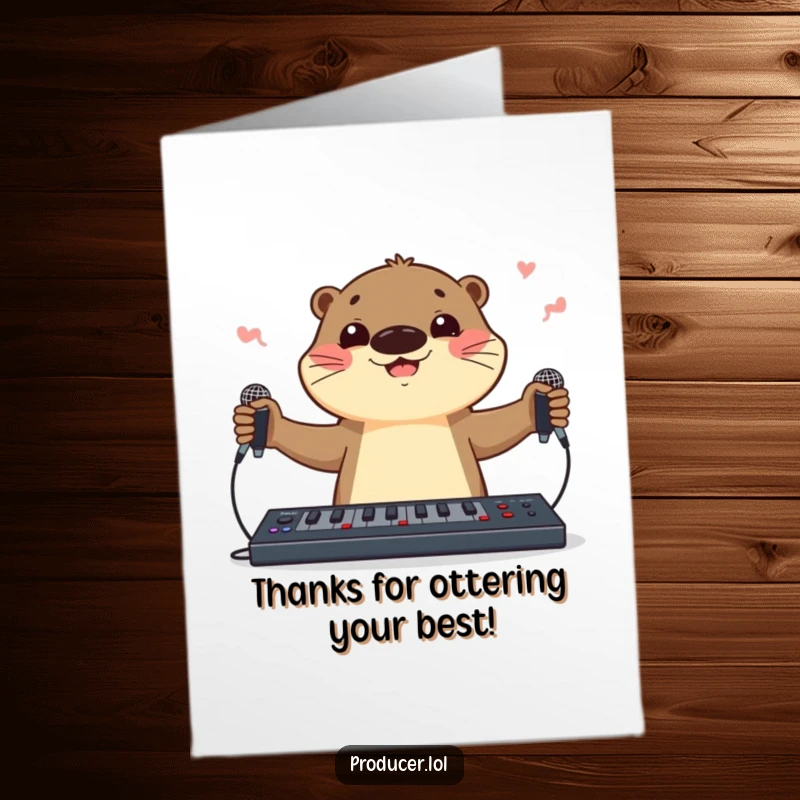 Funny Free Printable Otter Thank You Card, cheerfully juggling microphones and a soundboard, expressing deep thanks.