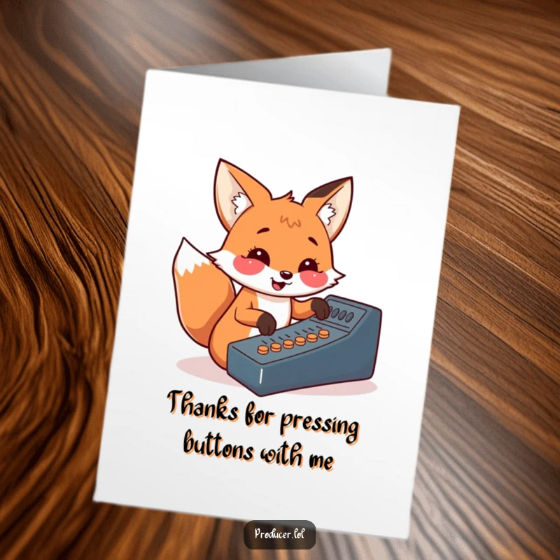Funny Free Printable Fox Thank You Card: A cheerful fox smiling while pressing soundboard buttons, expressing thanks with enthusiasm.