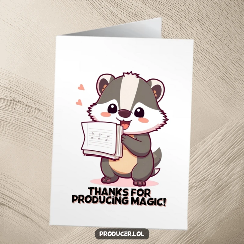 Funny Free Printable thank you card of a playful badger excitedly holding a stack of production notes to express thanks.
