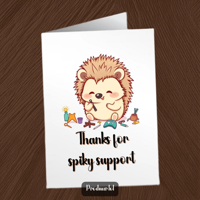 Funny Free Printable Thank You Card: Happy hedgehog meticulously organizes tiny props with a focused, tidy look.