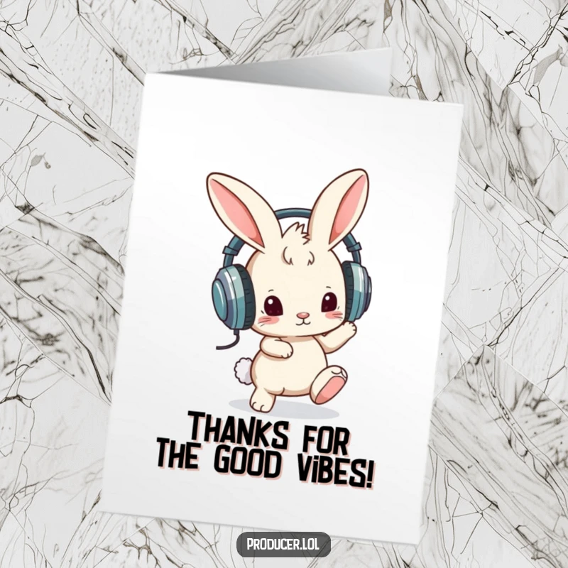 Funny Free Printable Thank You Card of a bunny wearing oversized headphones, tapping its foot to a thank you beat.