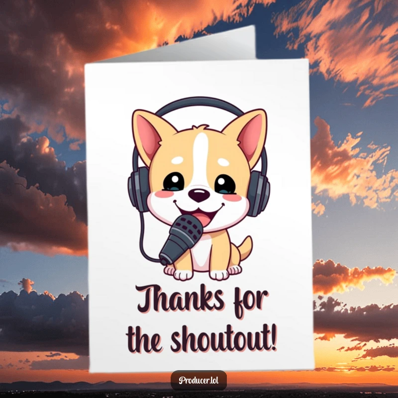 Funny Free Printable Thank You Card: Happy dog wearing a headset enthusiastically holds a microphone, broadcasting thanks.