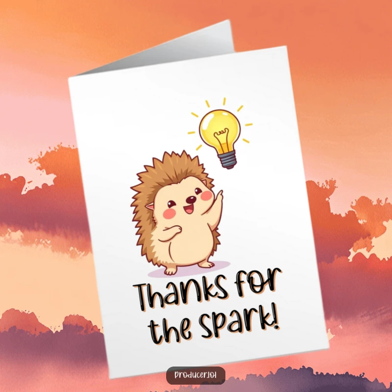 Funny Free Printable Thank You Card of a happy hedgehog pointing at a glowing lightbulb, signifying appreciation.