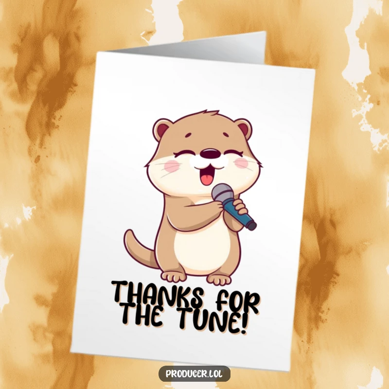 Funny Free Printable Thank You Card: Cute otter with microphone, eyes closed, singing a thankful tune.