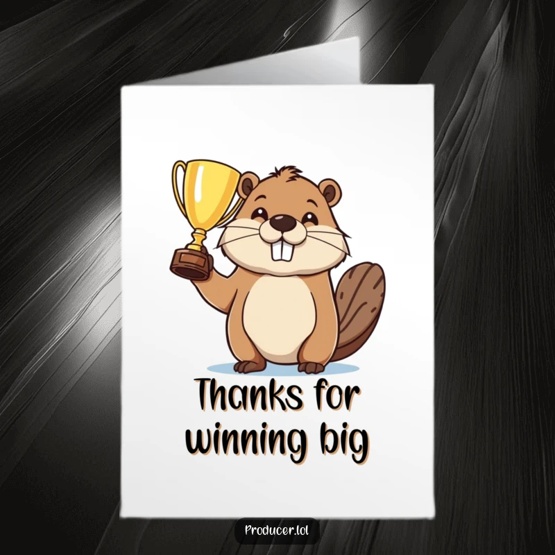 Funny Free Printable Thank You Card: Determined beaver holding a trophy, expressing grateful thanks.