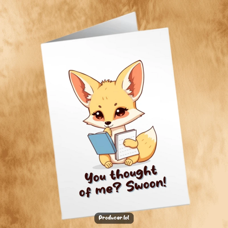 Free Printable Thank You Card featuring a thoughtful Fennec Fox with a script, showing gratitude in a funny, memorable way.