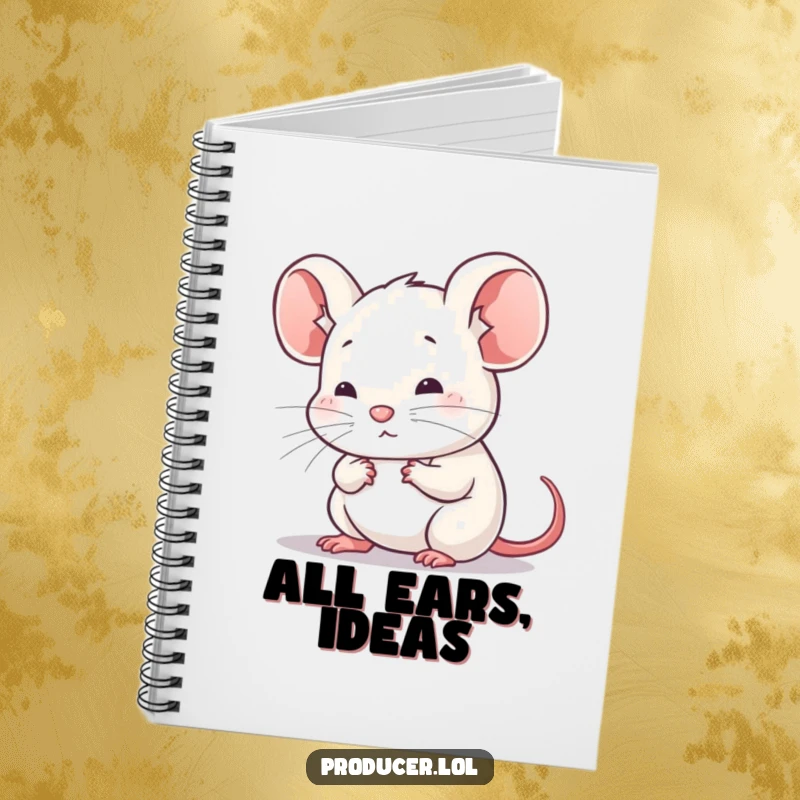 Funny notebook with a mouse in a listening pose, ideal for jotting down notes, ideas, and observations with a focus on attentiveness.