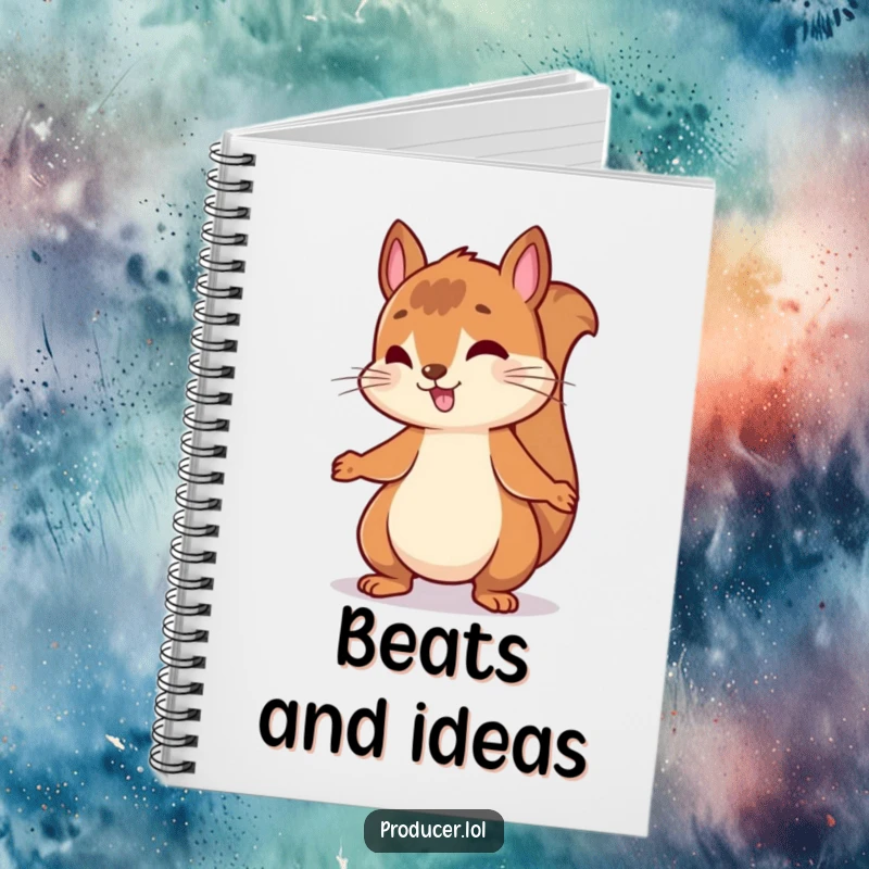 Funny notebook cover of an energetic squirrel bouncing and rhythmically nodding its head to an unheard, upbeat musical beat.