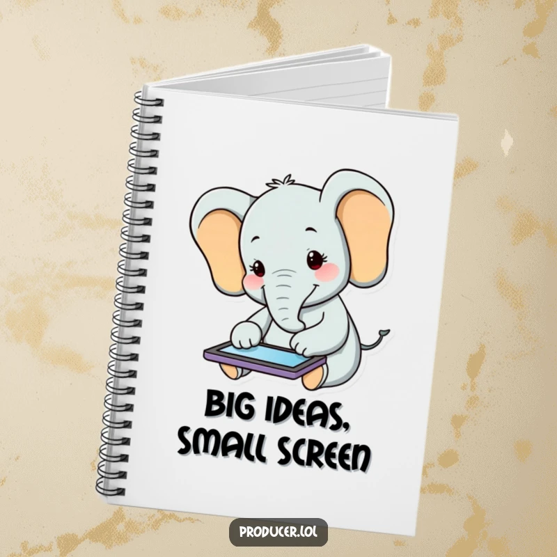 Funny Elephant Notebook: A smiling elephant happily uses a tablet, perfect for capturing notes and ideas with a touch of humor.