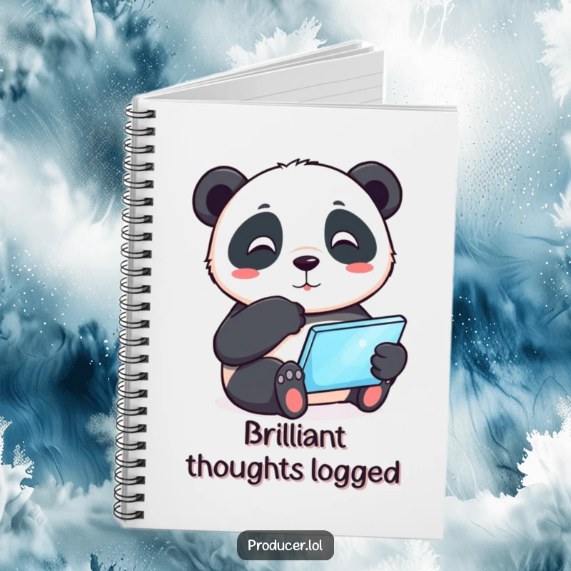 Funny playful panda tapping its chin thoughtfully while holding a glowing tablet, spiral-bound notebook, humorous journal for capturing insights.