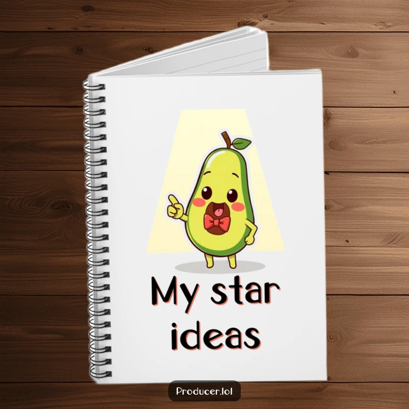 Funny avocado spotlight notebook, a journal with a dapper avocado pointing at a spotlight, ideal for capturing sharp ideas.