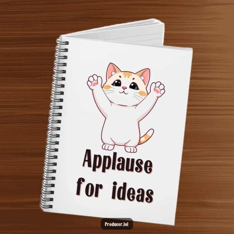 Funny cat notebook with a cat giving a standing ovation, hands in the air, inspiring creative writing.