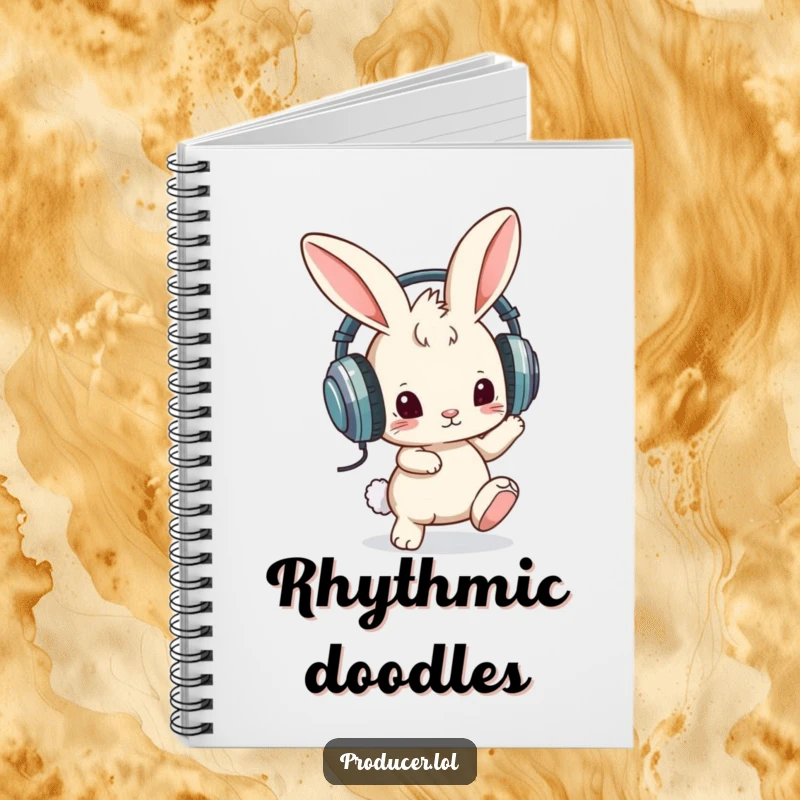 Funny notebook with a curious bunny wearing oversized headphones and tapping its foot, designed for jotting down ideas with humor and musicality.