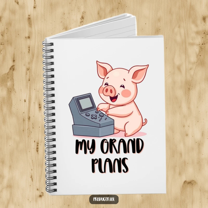 Funny pig console notebook, friendly character pressing buttons, ready to record tech ideas and plans.