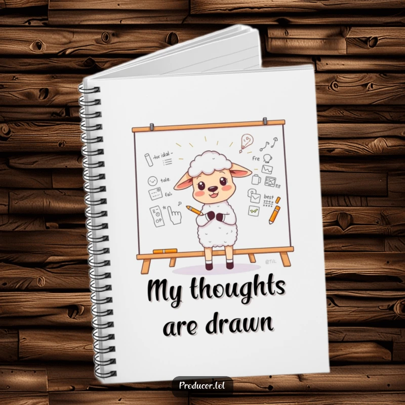 Funny Sheep Notebook showing a little sheep enthusiastically sketching a new idea on a large whiteboard, ideal for notes and funny gifts.