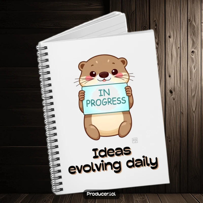 Funny otter notebook, cute otter, 'In Progress' sign, journal for ideas, stationery.