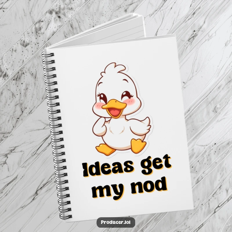 Funny duck notebook with a cheerful duck winking and nodding, encouraging creative writing and note-taking with humor.