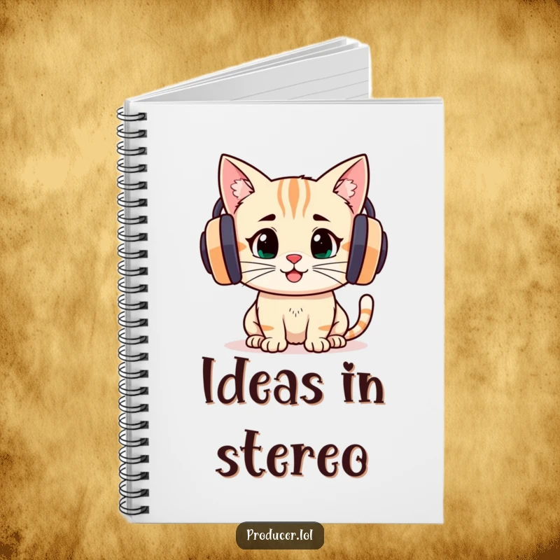 Funny determined cat wearing large headphones, listening intently, inspiring creativity in this music journal notebook.