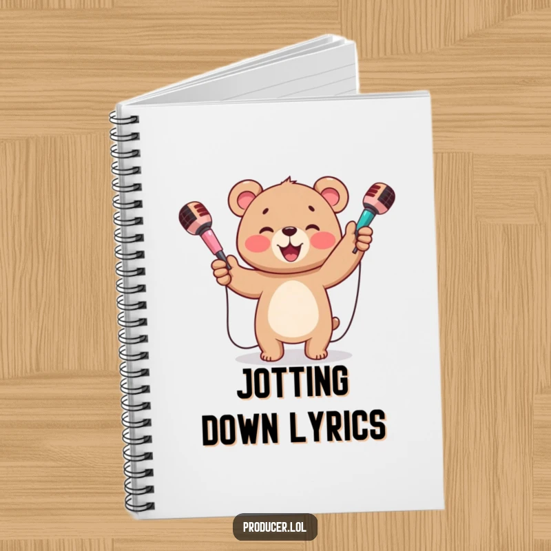 Funny notebook featuring a happy bear cub beaming and juggling three colorful microphones, ready to record ideas.