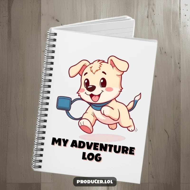 Funny puppy excitedly running with a film roll trailing, featured on the cover of a creative notebook.