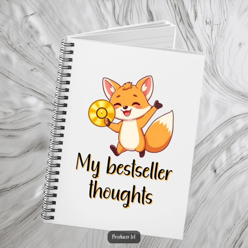 Funny notebook with an energetic fox cub holding a golden record and jumping with delight, designed for jotting down achievements with humor and joy.