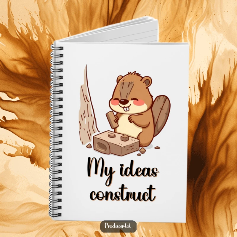 Funny Beaver Notebook showing a busy beaver enthusiastically hammering a miniature set piece, ideal for note-taking and funny gifts.