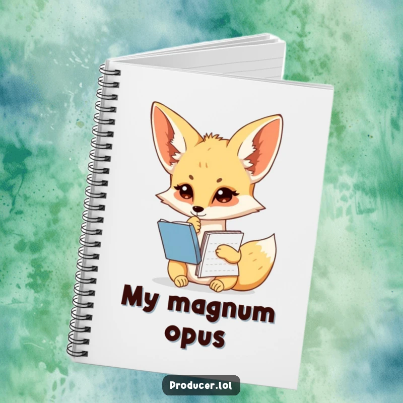 Funny fennec fox notebook, pondering writer, script pages, journal for ideas, creative stationery.