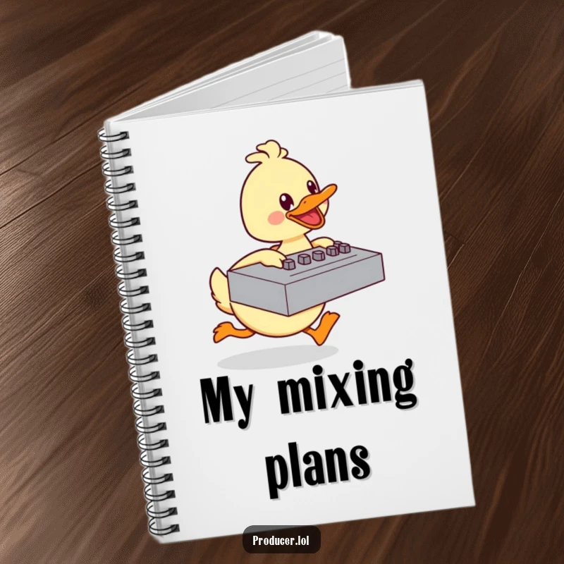 Funny duck notebook with a happy cartoon character energetically pushing a large mixing board, for taking notes with baking humor.