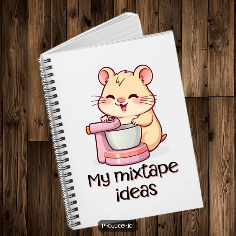 Funny hamster concentrating intently while spinning a DJ mixing board, featured on the cover of a music notebook.