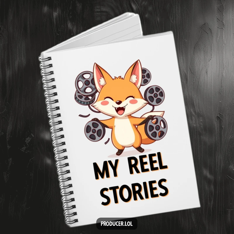 Funny Fox Film Reel Notebook: A playful fox juggles film reels with a goofy grin, ideal for writing movie scripts and creative notes.