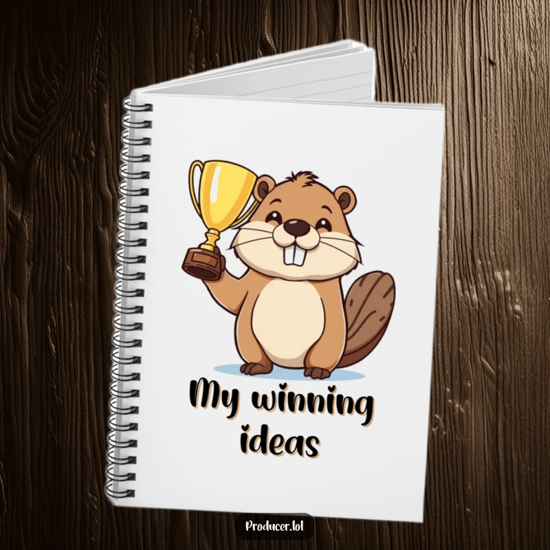 Funny notebook with a proud beaver holding a trophy, perfect for jotting down winning ideas and celebrating achievements.