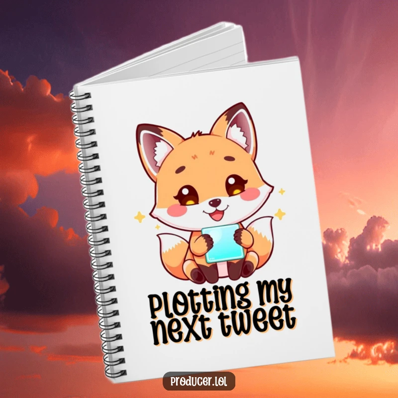 Funny Fox Tech Notebook: A playful fox with a contented expression is absorbed in a glowing screen, ideal for jotting down tech ideas.