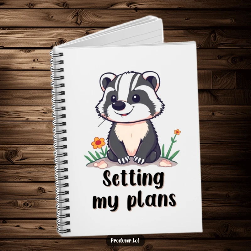 Funny notebook cover of a proud badger standing confidently, overlooking a colorful and vibrant stage or performance set.