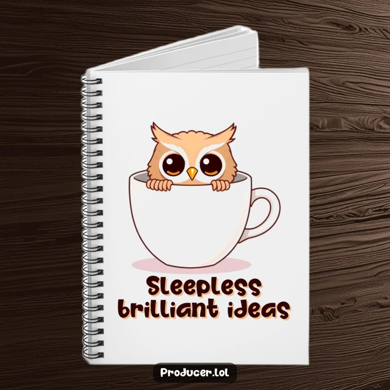Funny owl notebook, curious owl, hiding behind coffee cup, journal for thoughts, stationery.