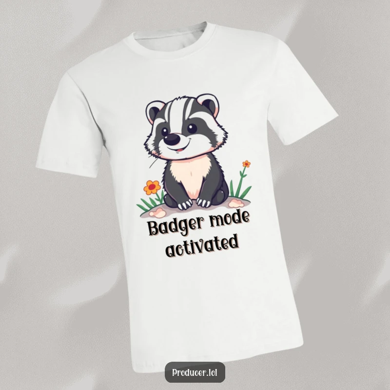 Funny t-shirt showing a proud badger with a confident stance, overlooking a brightly lit and vibrant performance set.