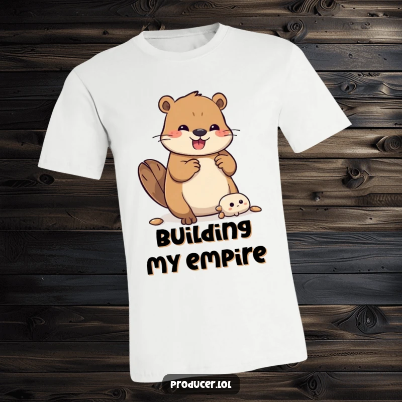 Funny Beaver T-Shirt: An energetic beaver is depicted joyfully constructing an elaborate setup, embodying a passion for building.