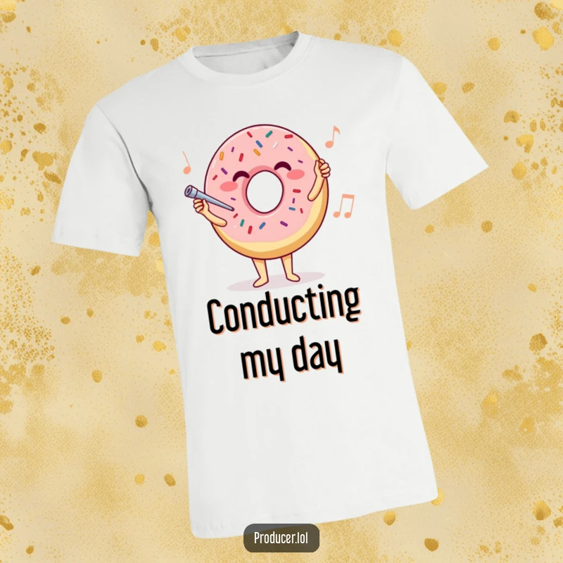 Funny donut maestro t-shirt, a joyful sprinkle donut conducting an invisible orchestra, celebrating music and treats.