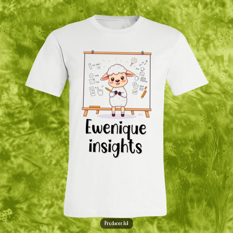 Funny Sheep T-Shirt featuring a little sheep enthusiastically sketching a new idea on a large whiteboard, great funny gift.