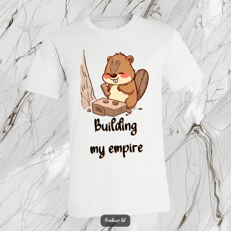 Funny Beaver T-Shirt featuring a busy beaver enthusiastically hammering a miniature set piece, great for humor lovers.