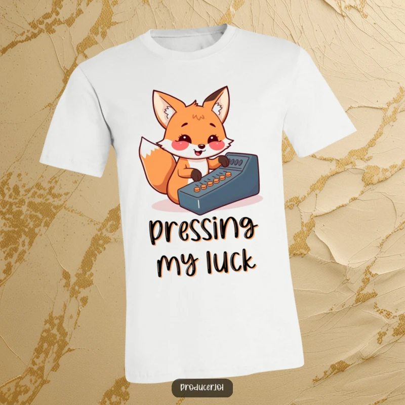 Funny fox t-shirt, enthusiastically pressing buttons, soundboard design, cheerful DJ apparel, perfect for music fans.
