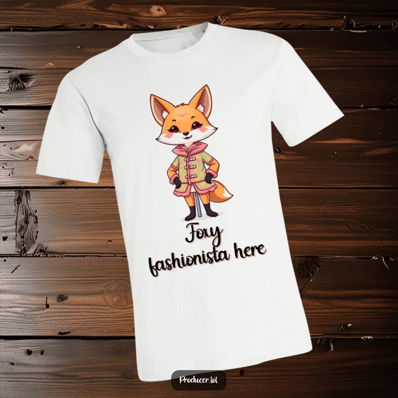 Funny Fox T-Shirt featuring a confident fox designing a colorful costume on a mannequin with a flourish, great funny gift.