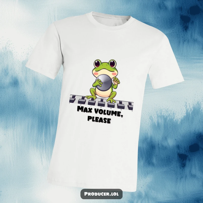 Funny Frog DJ T-Shirt: Joyful frog cranking a fader, ideal funny gift for music makers.