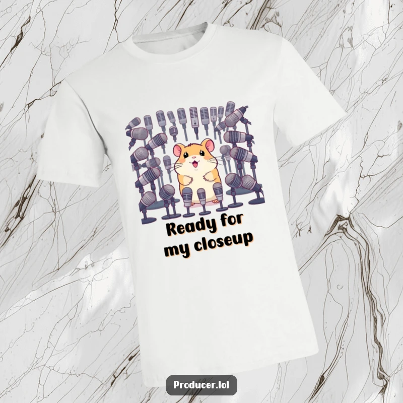 Funny t-shirt showcasing a happy hamster surveying a large collection of microphones, ready to take the stage with confidence.