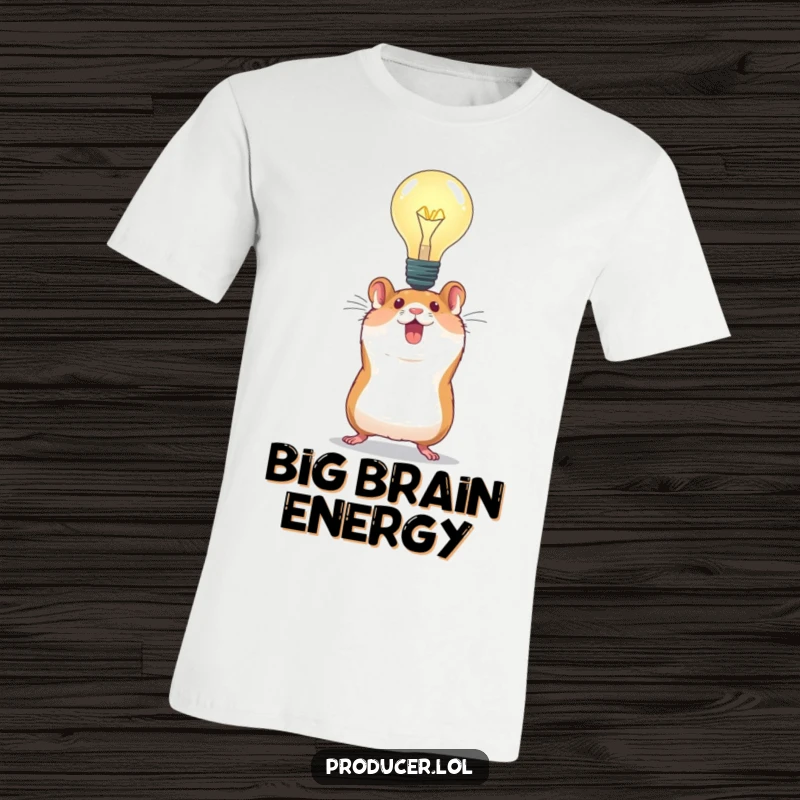 Funny Hamster Idea T-Shirt: Depicts an energetic hamster beaming with pride while holding a massive, glowing light bulb above its head.