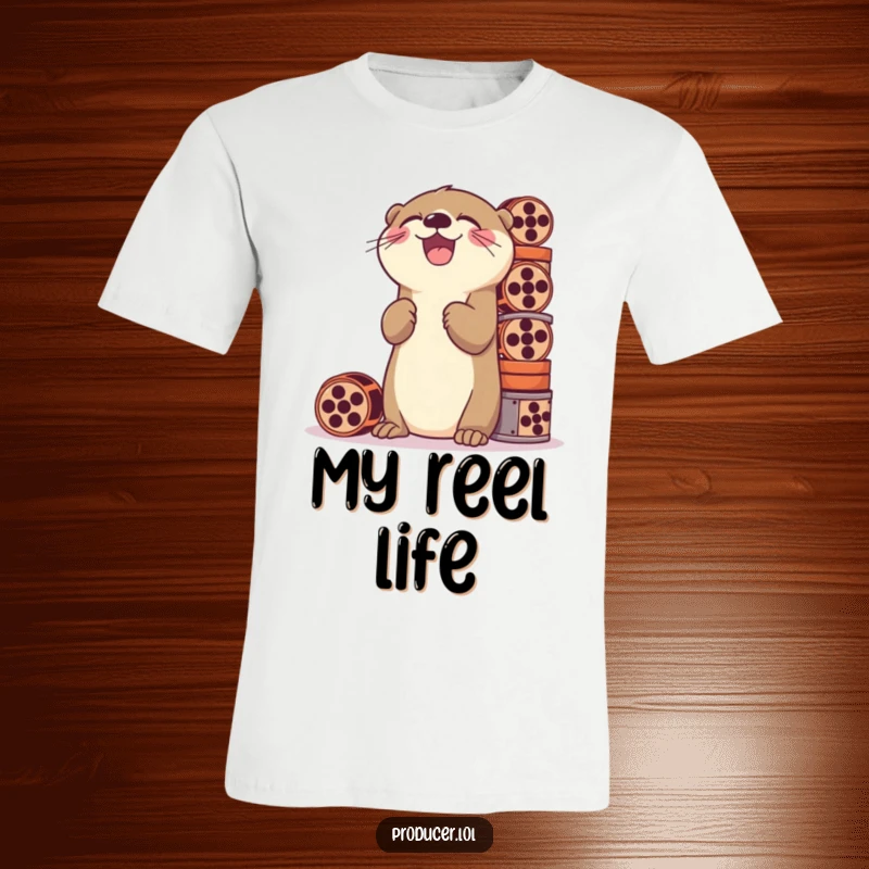 Funny t-shirt depicting a playful otter laughing gleefully while stacking a high tower of vintage film reels, celebrating cinema.