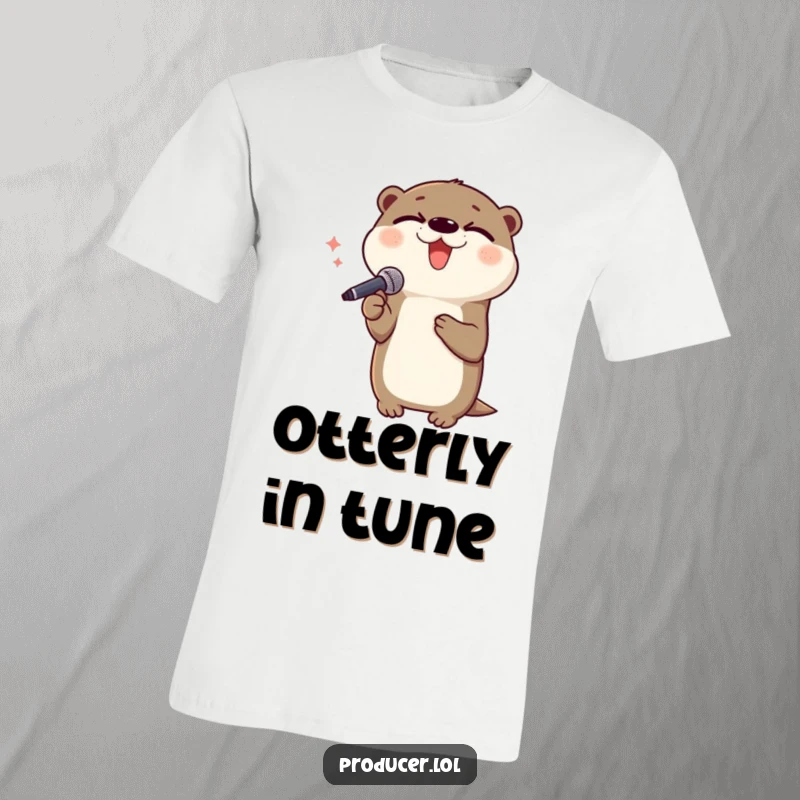 Funny otter t-shirt, singing passionately into microphone, eyes closed, happy performer, ideal gift for vocalists.